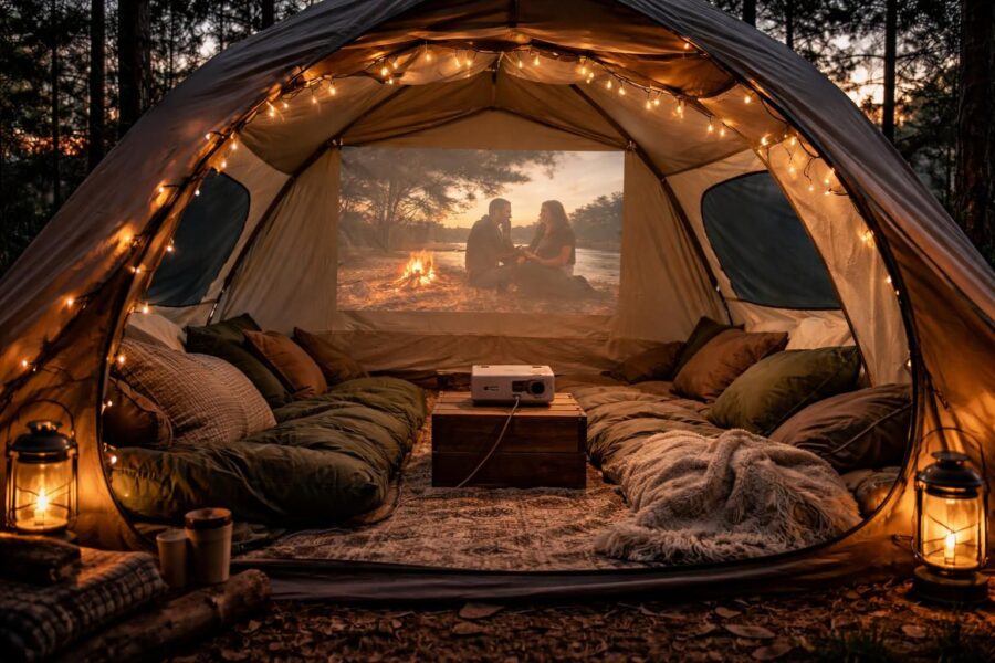 profitez d'une expérience unique de cinéma en plein air lors de votre camping grâce au mini vidéoprojecteur acer. emportez-le facilement sous votre tente pour des soirées film inoubliables.