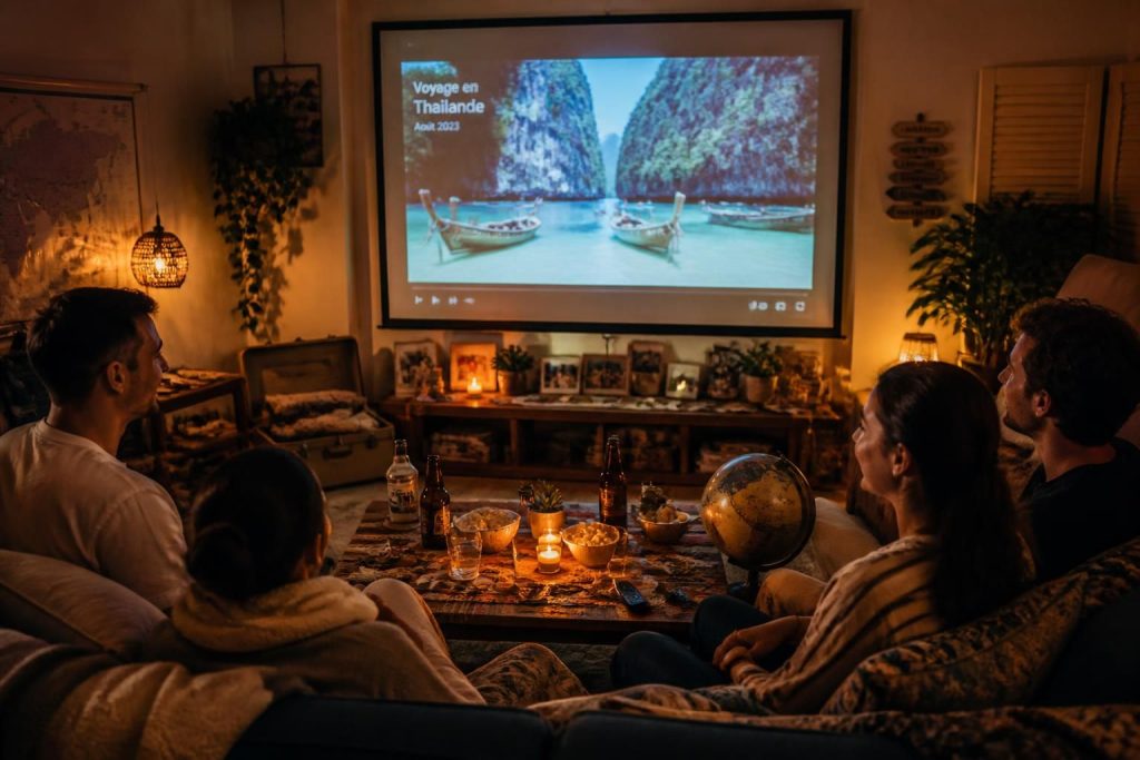 revivez vos plus beaux moments de voyage lors d'une soirée spéciale avec écran de projection pour partager souvenirs et émotions en famille ou entre amis.