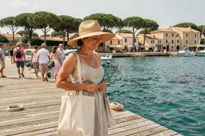 Femme arrivant en ferry sur le ponton de l'île de Porquerolles par une journée ensoleillée
