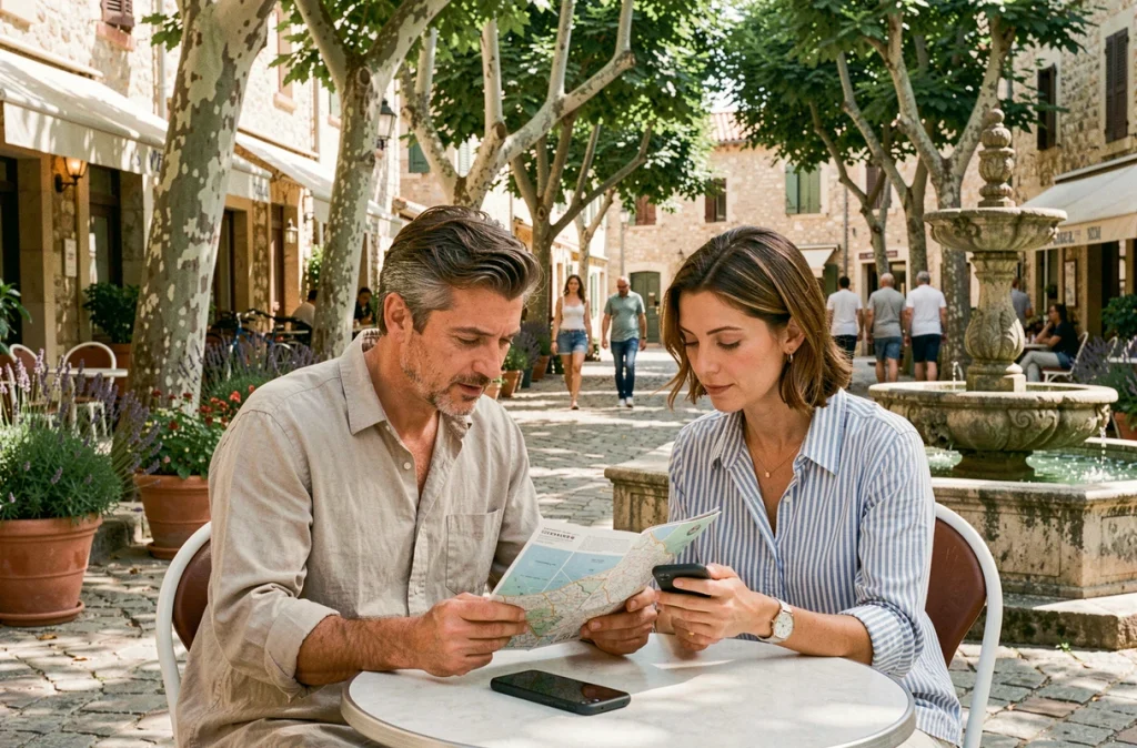 Couple consultant une carte et un téléphone en terrasse d'un café de la place du village de Porquerolles