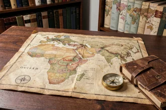 Carte du monde vintage posée sur un bureau en bois avec Dubaï entouré en rouge, boussole en laiton et journal de voyage, repères géographiques Asie