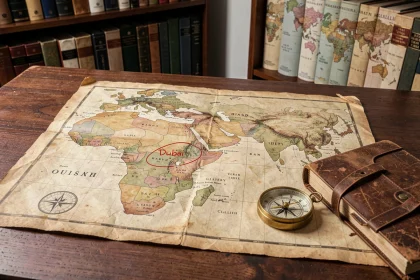 Carte du monde vintage posée sur un bureau en bois avec Dubaï entouré en rouge, boussole en laiton et journal de voyage, repères géographiques Asie