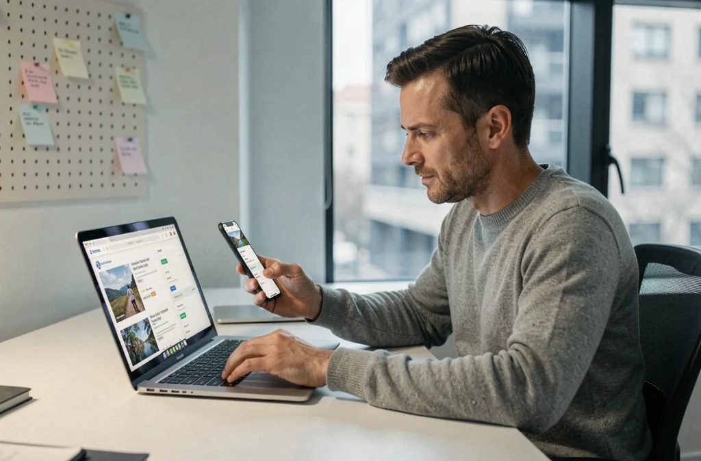 Homme comparant des offres de voyage en ligne sur ordinateur portable et smartphone dans un bureau moderne