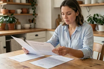 Femme comparant des devis de vacances imprimés sur une table en bois dans un intérieur cosy