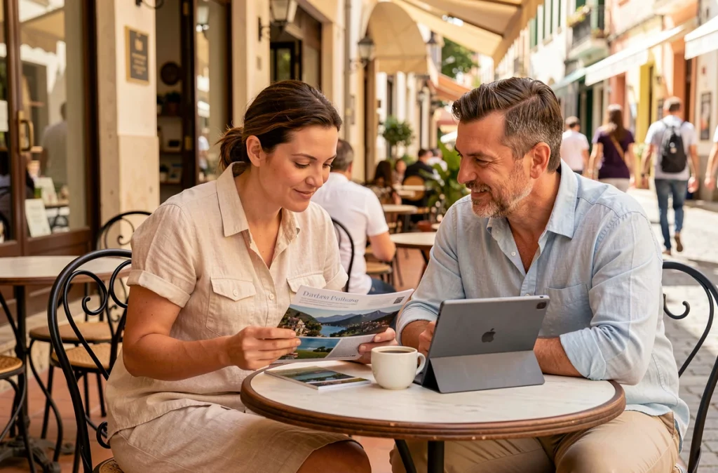 Couple comparant des devis de vacances sur tablette et brochure imprimée en terrasse de café