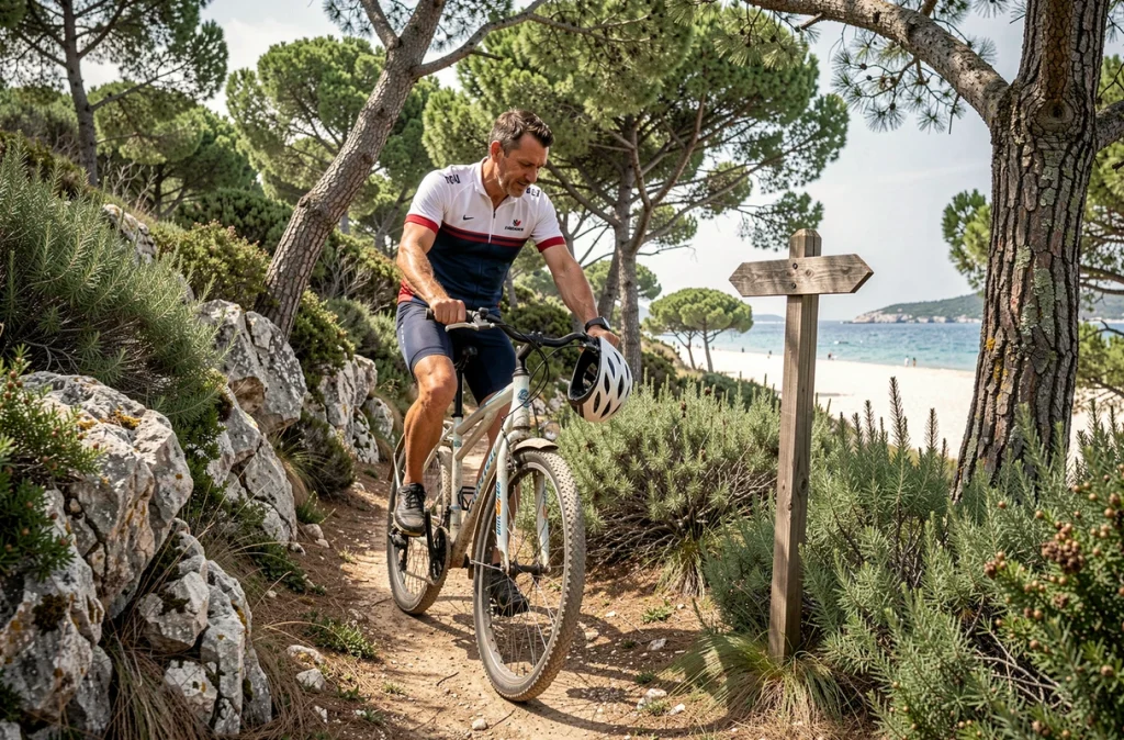 Cycliste en vélo de location s'arrêtant sur un sentier de l'île de Porquerolles pour lire un panneau de direction vers la plage