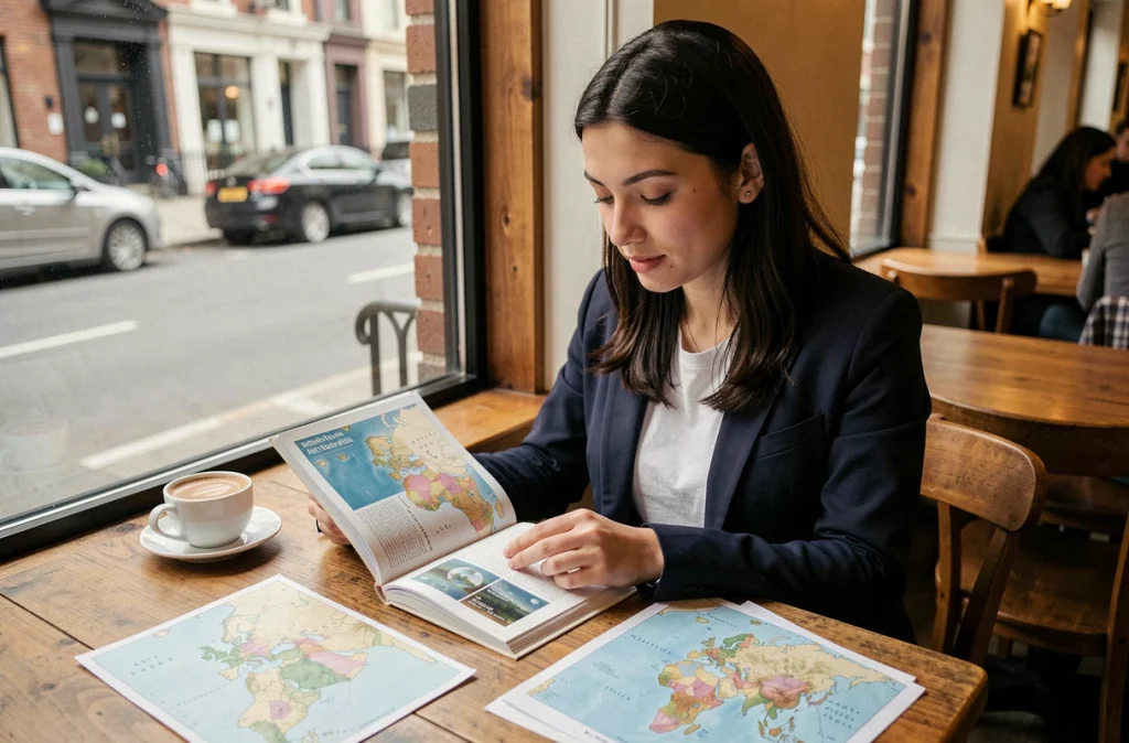 Jeune femme consultant un manuel de géographie sur l'Asie dans un café, carte imprimée du Moyen-Orient posée sur la table, apprentissage de la géographie de Dubaï