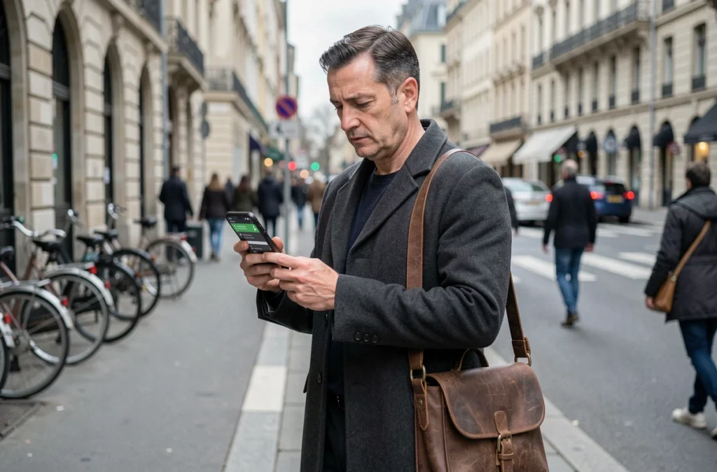 Homme consultant l'application Mappy sur son téléphone dans une rue urbaine pour optimiser son itinéraire