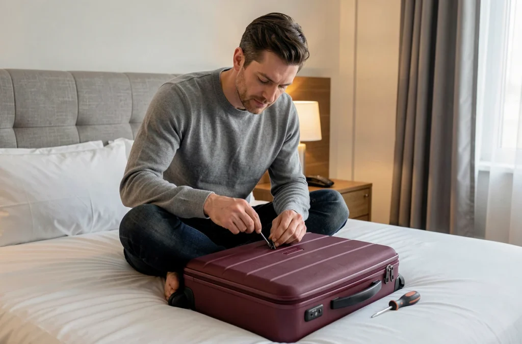 Homme inspectant le verrou d'une valise dans une chambre d'hôtel avec un tournevis