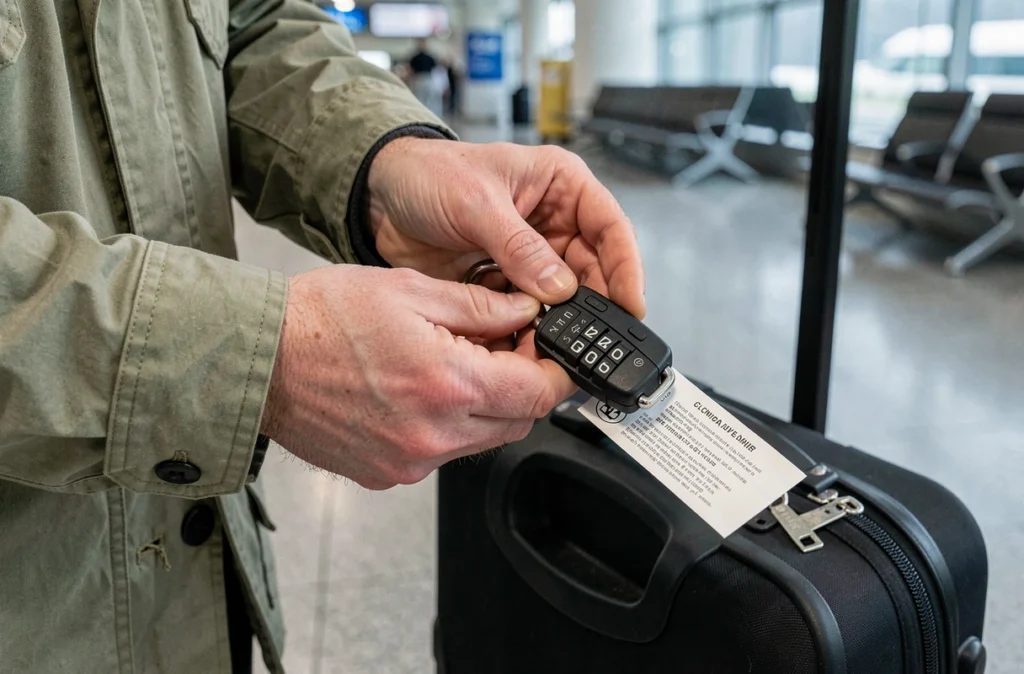 Mains manipulant un cadenas à combinaison décroché d'une valise noire dans un aéroport