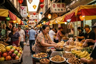 Vendeur de marché dans le quartier chinois Binondo à Manille, Philippines, ambiance de rue animée au crépuscule
