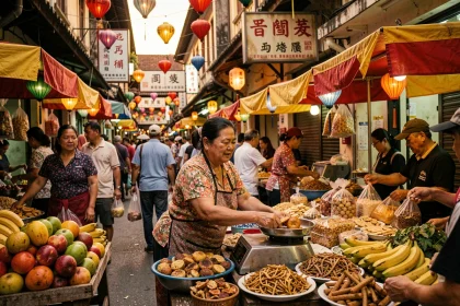 Vendeur de marché dans le quartier chinois Binondo à Manille, Philippines, ambiance de rue animée au crépuscule