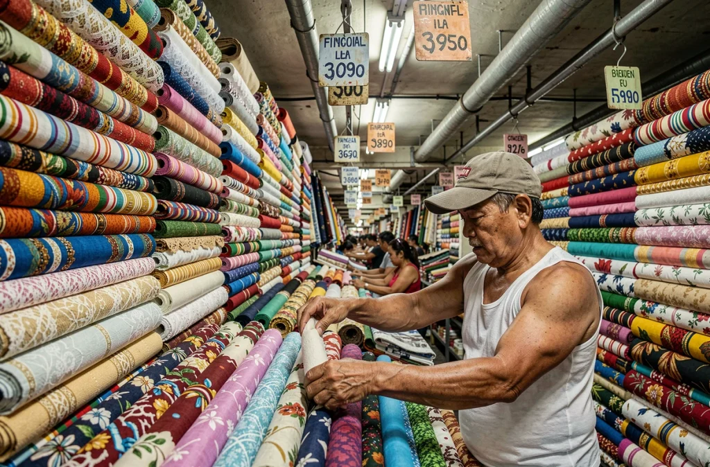Marchand de tissus dans le marché populaire de Divisoria à Manille, Philippines, intérieur animé et coloré