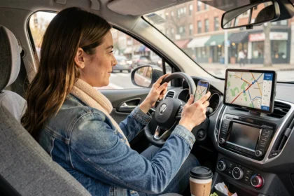 Femme utilisant l'application Mappy sur smartphone monté dans une voiture pour naviguer en ville
