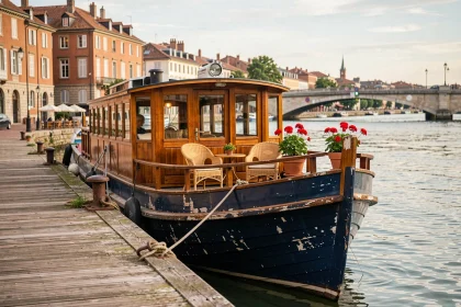 Péniche amarrée sur la Garonne à Toulouse avec vue sur le Pont Neuf et les façades en brique rose