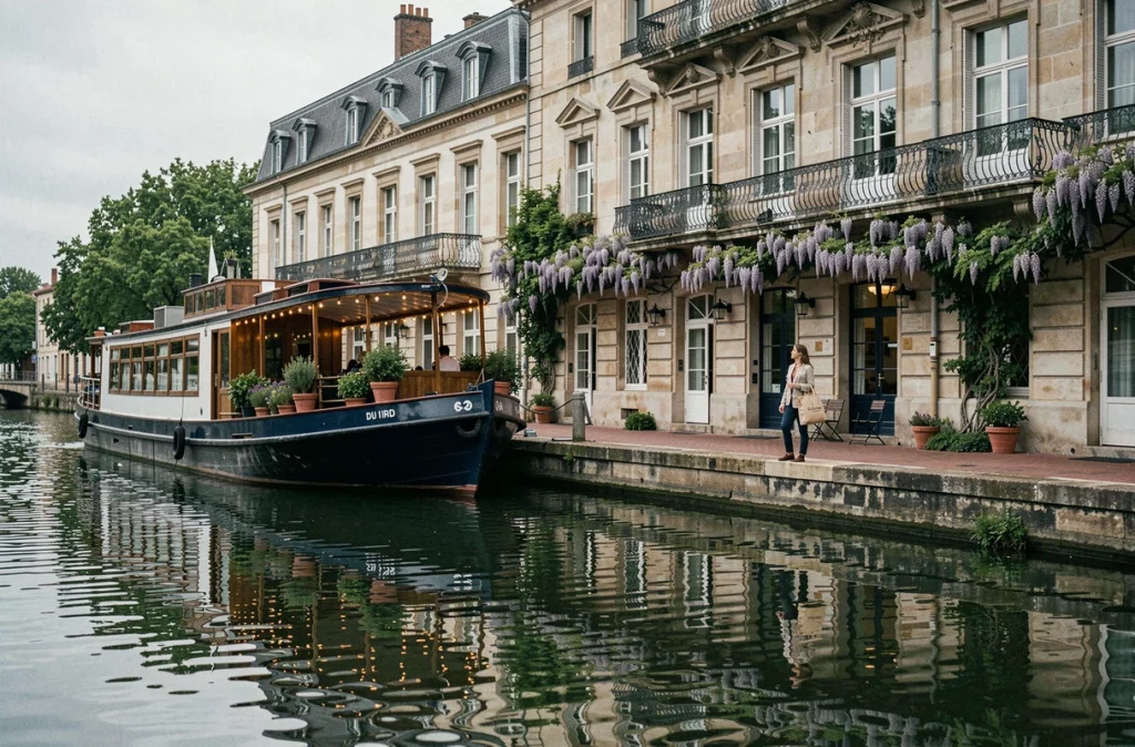 Femme hésitant entre séjourner sur une péniche ou dans un hôtel classique au bord du Canal du Midi à Toulouse