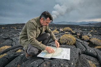 Photographe masculin étudiant une carte topographique du volcan Etna en Sicile sur un sentier de lave basaltique