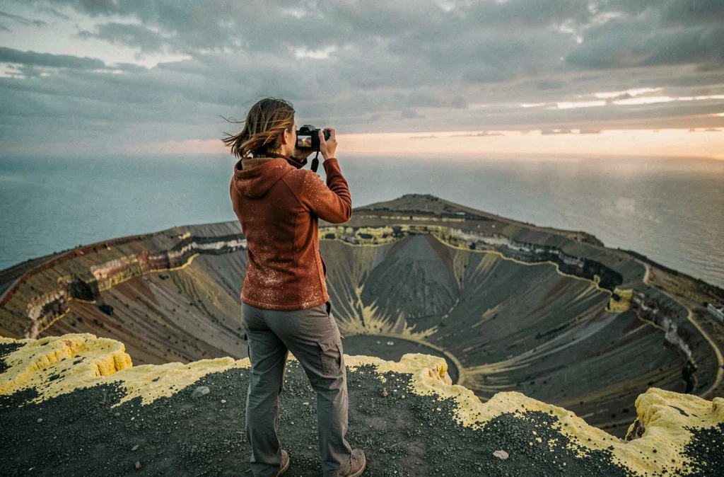 Photographe féminine au bord du cratère du Stromboli capturant le panorama volcanique de la mer Tyrrhénienne