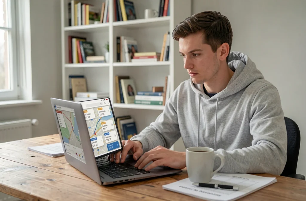 Jeune homme planifiant un trajet optimisé avec Mappy sur ordinateur portable depuis son bureau à domicile