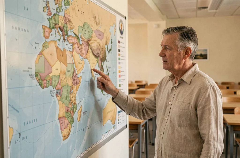 Professeur de géographie pointant une carte murale de l'Asie dans une salle de classe, avec le Moyen-Orient visible, cours sur la situation géographique de Dubaï