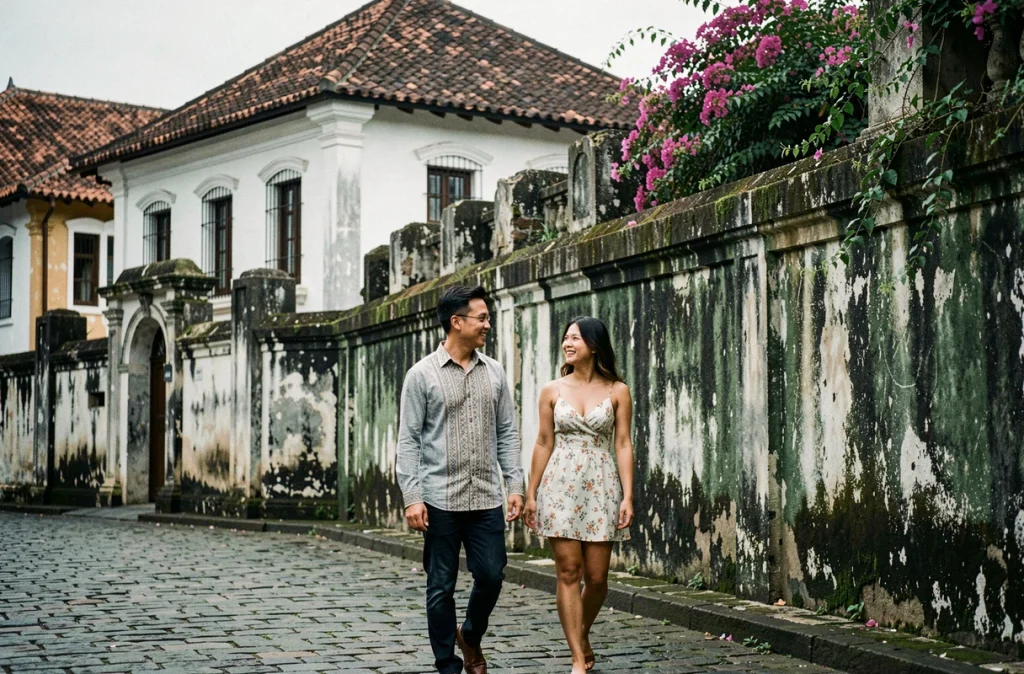 Couple se promenant dans les rues pavées d'Intramuros, la ville fortifiée historique de Manille, Philippines