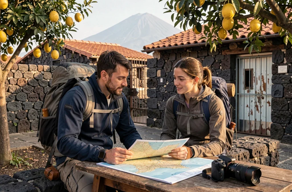 Deux randonneurs consultent une carte détaillée du volcan Etna dans un village sicilien aux murs en pierre volcanique