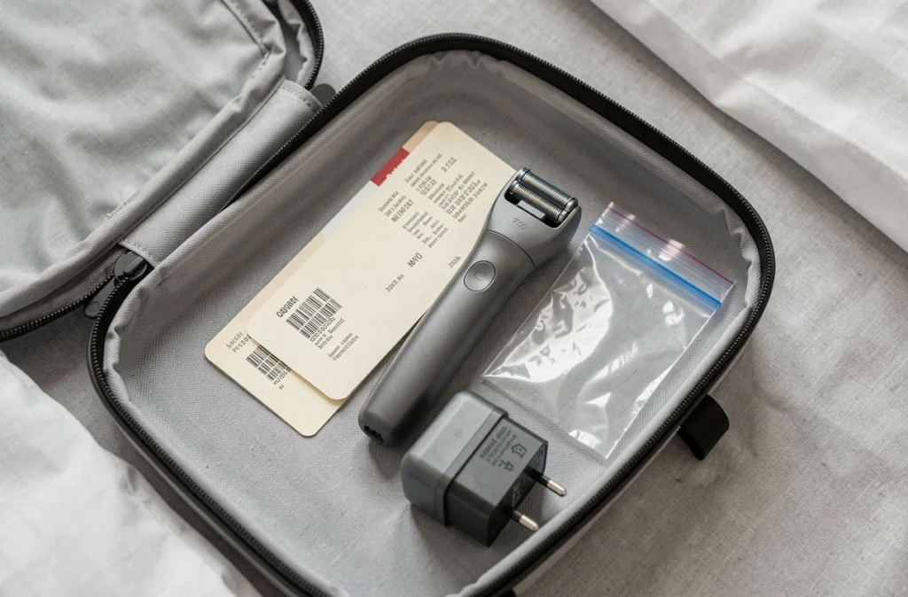 Rasoir électrique et documents de voyage dans un bagage cabine pour un vol low cost
