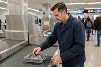 Voyageur posant un rasoir électrique dans un bac de contrôle de sécurité aéroportuaire