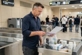 Voyageur déposant un rasoir électrique dans un bac de contrôle à l'aéroport lors d'un passage en sécurité