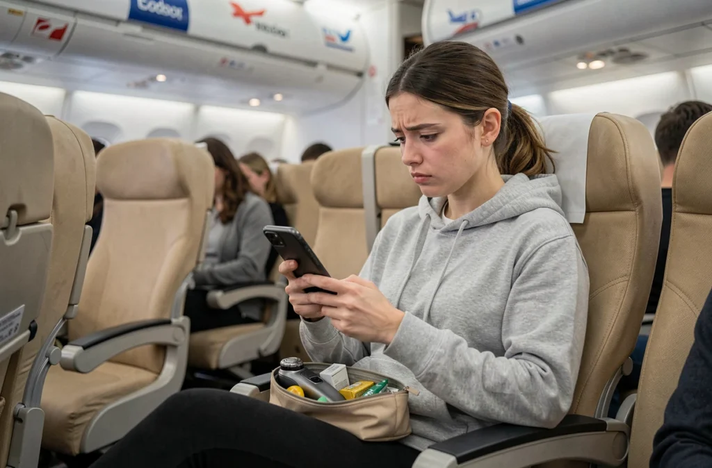 Jeune femme dans un avion low cost consultant les règles sur son téléphone avec un rasoir électrique dans sa trousse de voyage