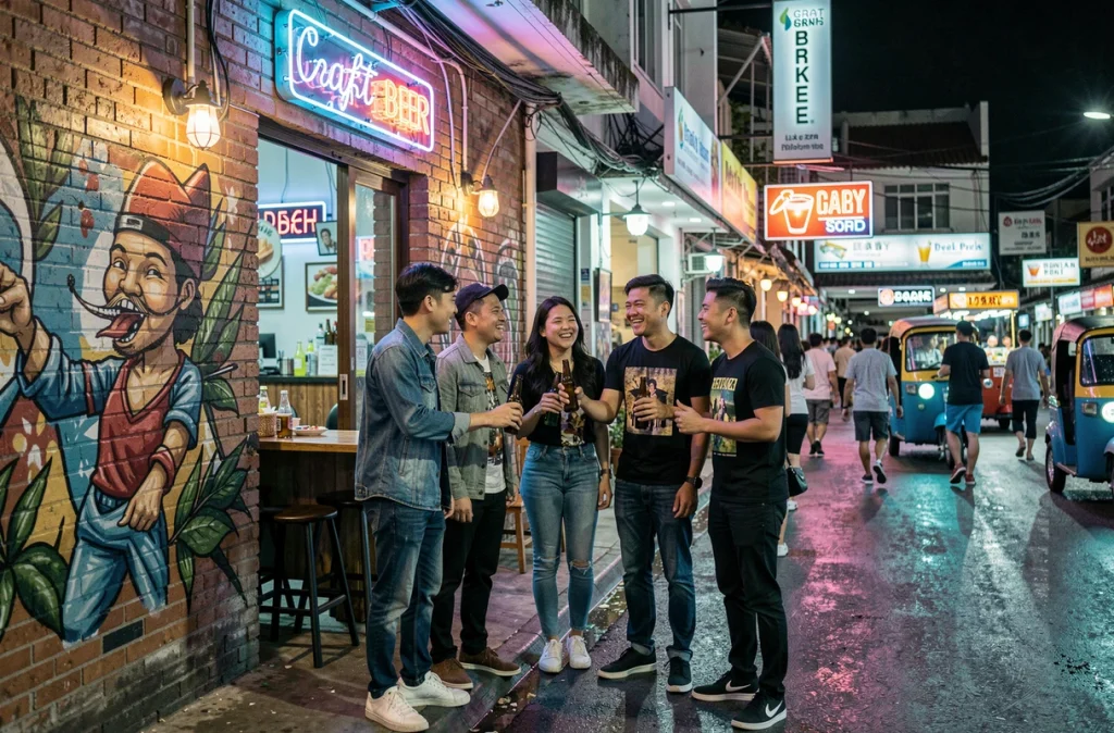 Groupe d'amis philippins profitant de la vie nocturne dans le quartier branché de Poblacion, Makati, Manille