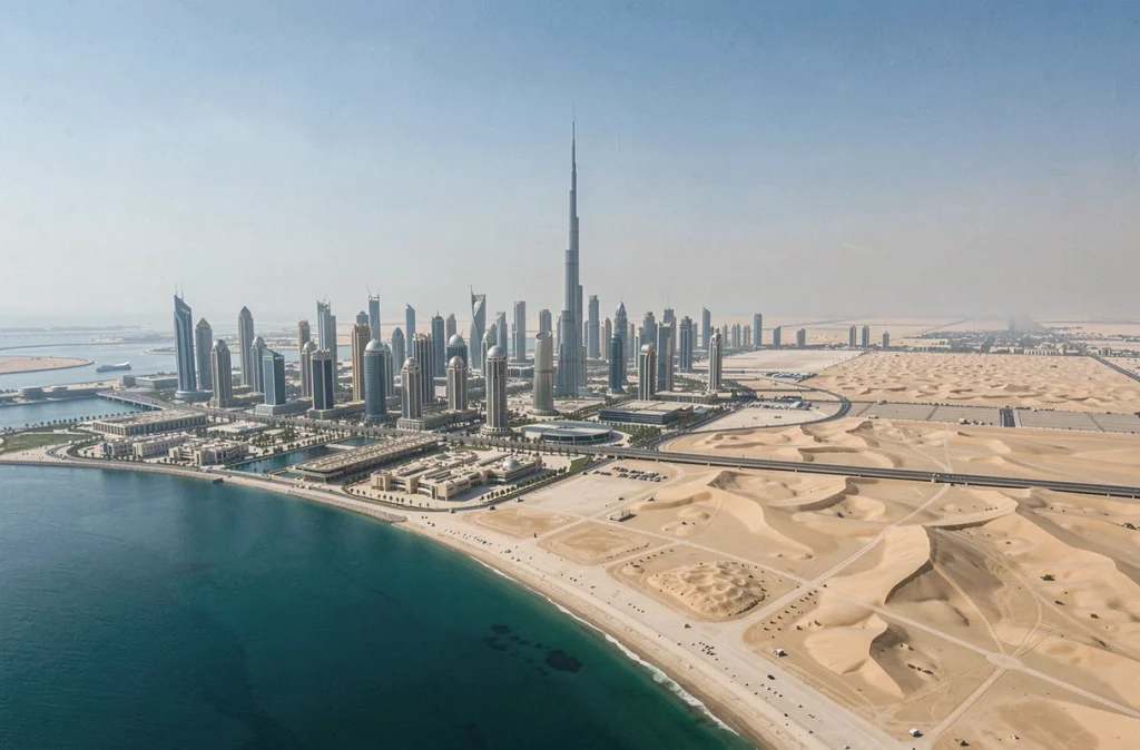 Vue aérienne panoramique de Dubaï avec la côte du Golfe Arabique et le désert de la péninsule arabique en arrière-plan, contexte géographique continental