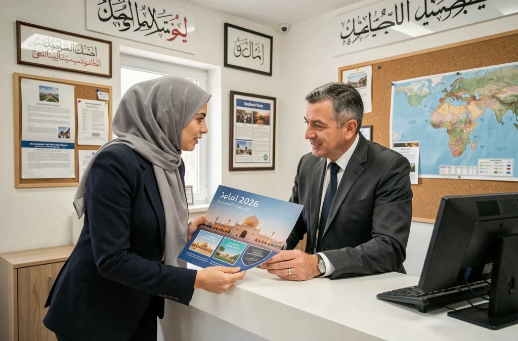 Femme musulmane française consultant un agent de voyage spécialisé pour son inscription au pèlerinage du Hajj 2026
