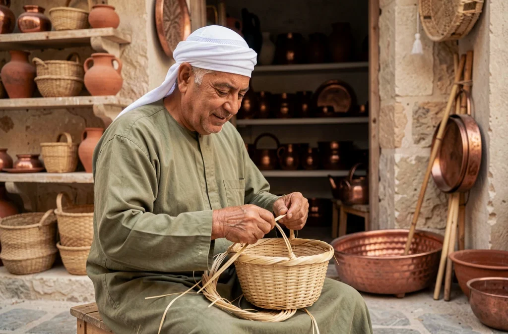 Artisan tunisien âgé tissant un panier en feuilles de palmier devant sa boutique traditionnelle dans une ville peu touristique