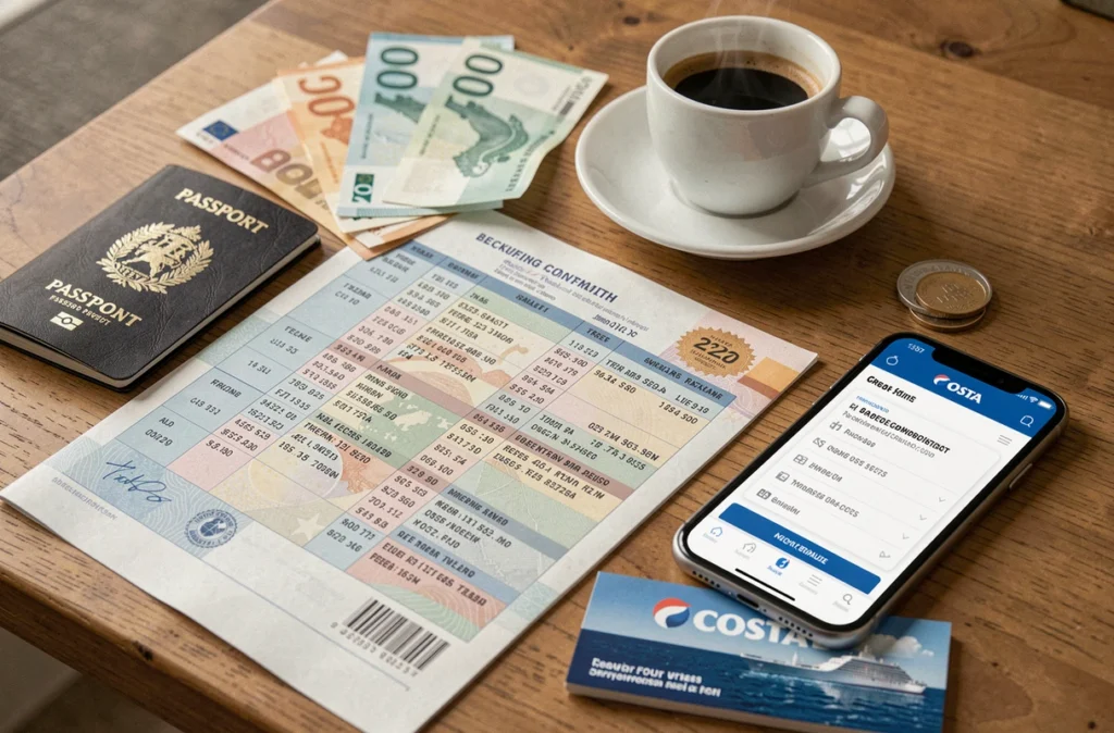 Documents de voyage et budget pour une croisière Costa en Grèce posés sur une table en bois