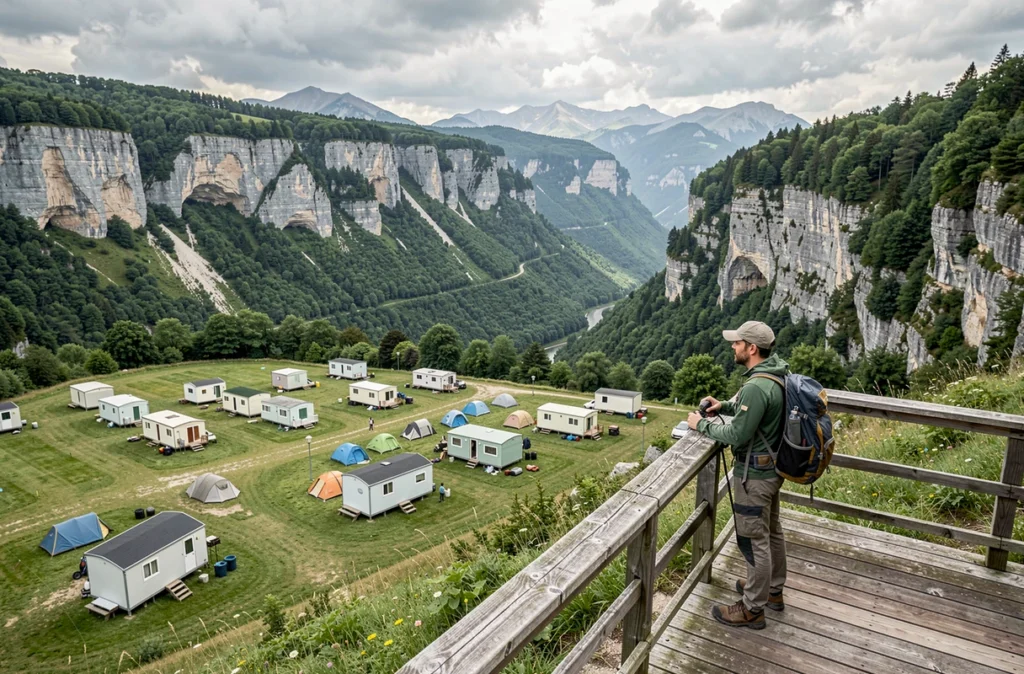 Randonneur admirant la vue sur les falaises calcaires du Parc Naturel de Chartreuse depuis le Camping Le Balcon de Chartreuse