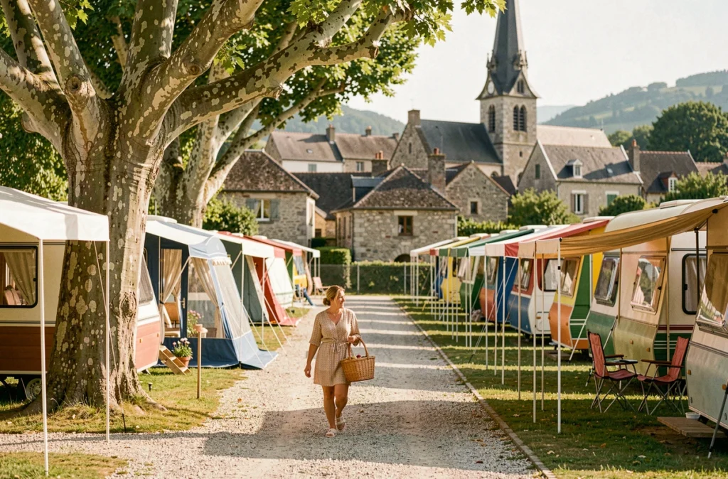Femme se promenant entre les emplacements ombragés par des platanes au Camping Beauséjour en Isère avec un village en arrière-plan
