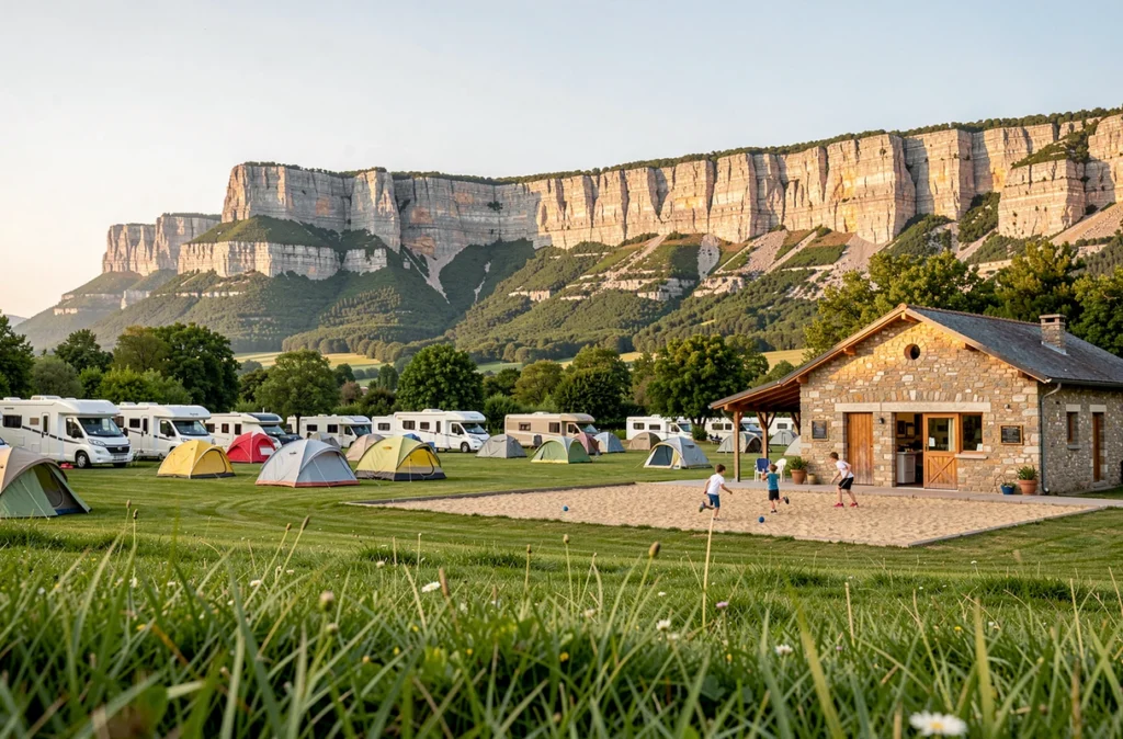 Famille jouant à la pétanque au Camping de la Plage avec le plateau du Vercors et le Trièves en arrière-plan en Isère