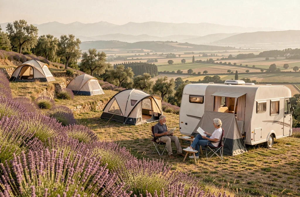 Couple de seniors lisant devant leur caravane au Camping De Savel avec vue panoramique sur la vallée de l'Isère