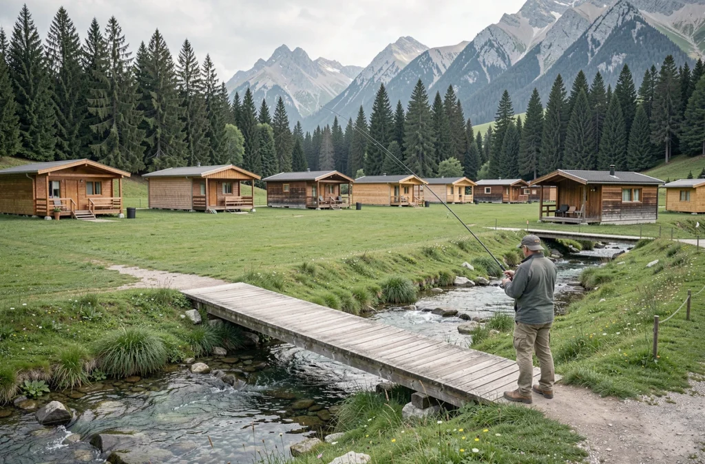 Pêcheur sur un pont en bois enjambant un ruisseau au Camping Le Champ Long en Isère avec des chalets en bois et montagne