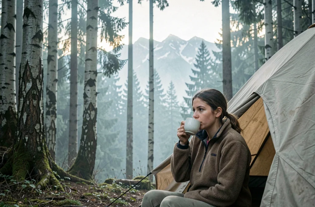 Jeune femme savourant un café devant sa tente au Camping Le Sappey-en-Chartreuse avec la forêt de hêtres et les sommets enneigés