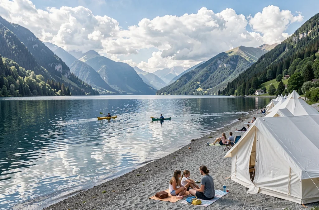 Emplacements de glamping au bord d'un lac de montagne au Camping Les Mouettes en Isère avec des kayakistes sur l'eau