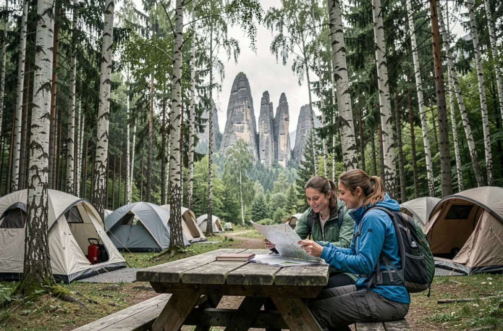 Deux randonneuses consultant une carte au Camping Les Trois Pucelles avec les rochers caractéristiques visibles à travers les arbres