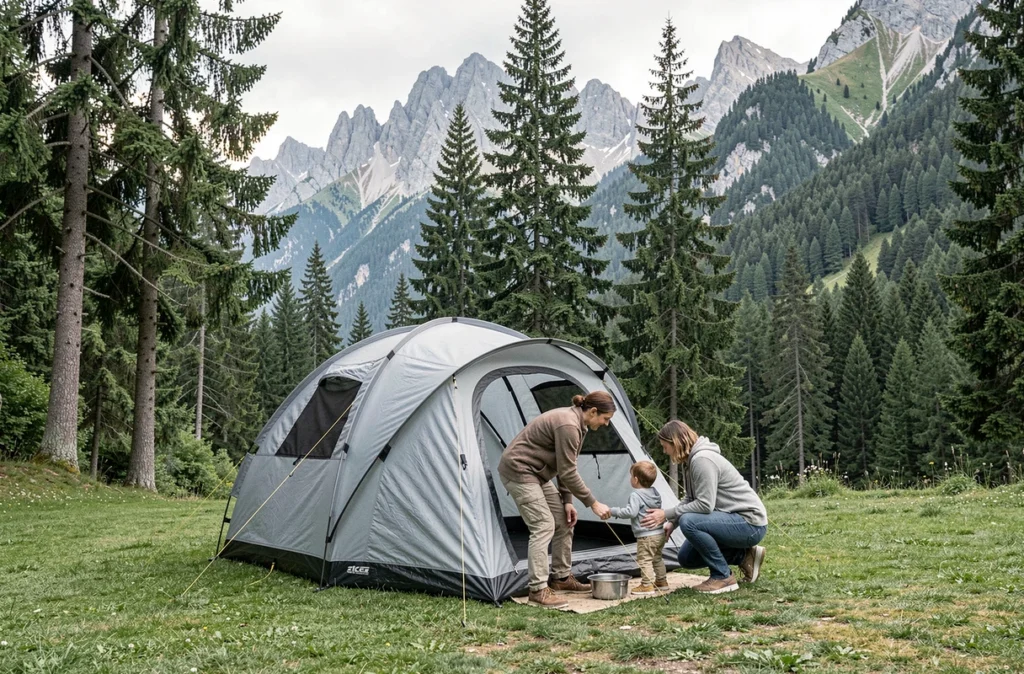 Famille installant une tente sur un emplacement gazonné du camping RCN Belledonne avec les sommets alpins en arrière-plan