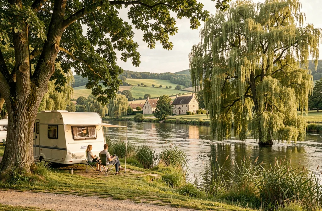 Couple installé au bord de la rivière au camping Sites et Paysages De Martinière avec collines verdoyantes en arrière-plan
