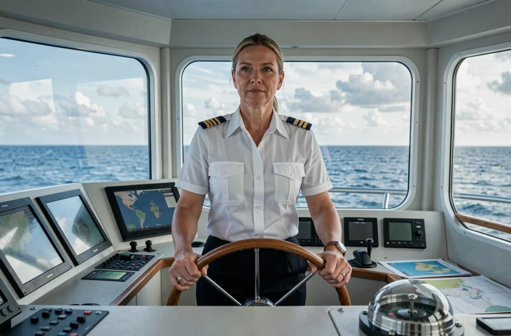Capitaine professionnelle aux commandes d'un petit bateau de croisière privatisable sur le pont de navigation
