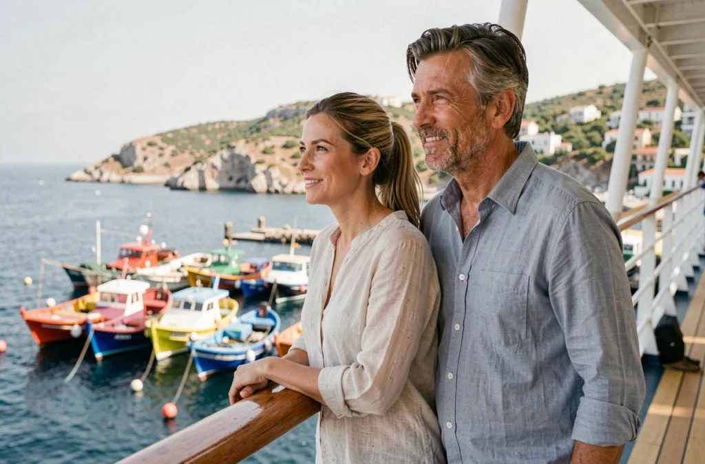 Couple profitant de la terrasse d'un paquebot Costa avec vue sur un port grec pittoresque