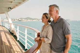 Couple de voyageurs en croisière sur un paquebot regardant la mer depuis le pont