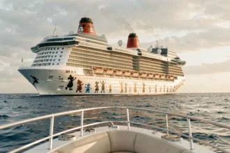 Paquebot Disney Cruise Line naviguant sur l'océan, vue grand angle du navire blanc avec ses cheminées rouges emblématiques