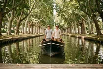 Péniche traditionnelle naviguant sur le Canal du Midi sous un tunnel d'arbres, couple à bord profitant de la croisière en pension complète